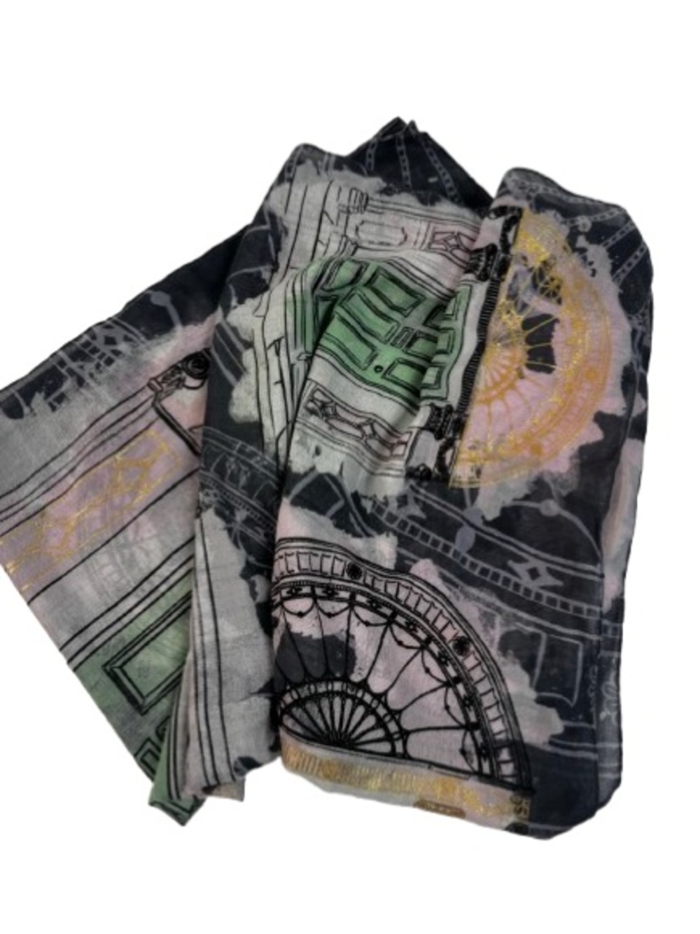 Patrick Francus Graphic Architectural Print Scarf in Black, Gray, Gold, Mint